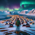 A panoramic view of Longyearbyen at dusk with colorful houses, snow-covered mountains, northern lights overhead, an expat with a backpack looking toward the town — crisp Arctic atmosphere