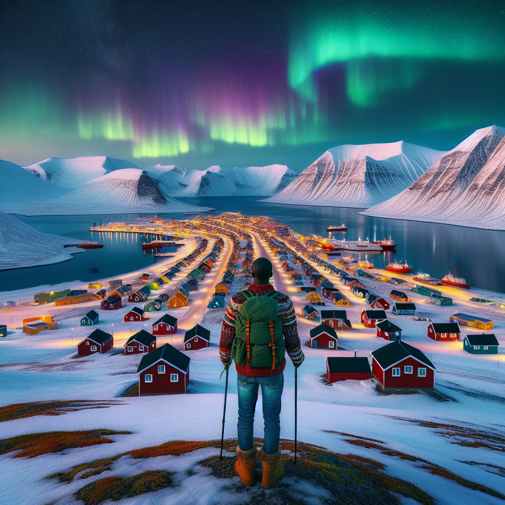 A panoramic view of Longyearbyen at dusk with colorful houses, snow-covered mountains, northern lights overhead, an expat with a backpack looking toward the town — crisp Arctic atmosphere