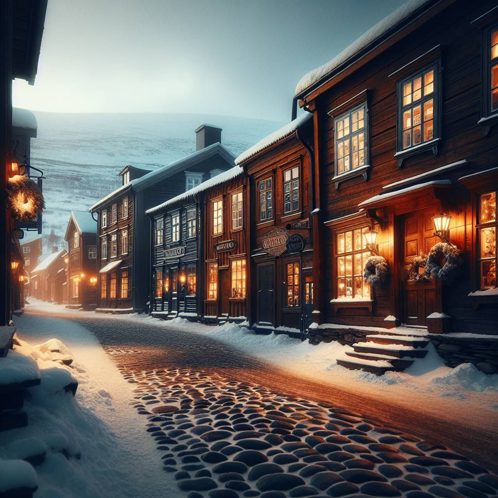 Charming Røros street in soft winter light: wooden UNESCO buildings, warm windows, snow-dusted cobblestones, a cozy small-town Scandinavian atmosphere, high detail