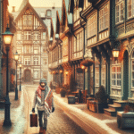 A cozy Scandinavian street in winter transitioning to spring: timber houses, soft warm light from windows, a person in a scarf carrying a small suitcase, subtle historical details