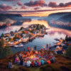 A calm Norwegian fjord viewpoint at golden hour with a small group of diverse expat families in layered clothing, lighted town across the water, clear sky and gentle reflections