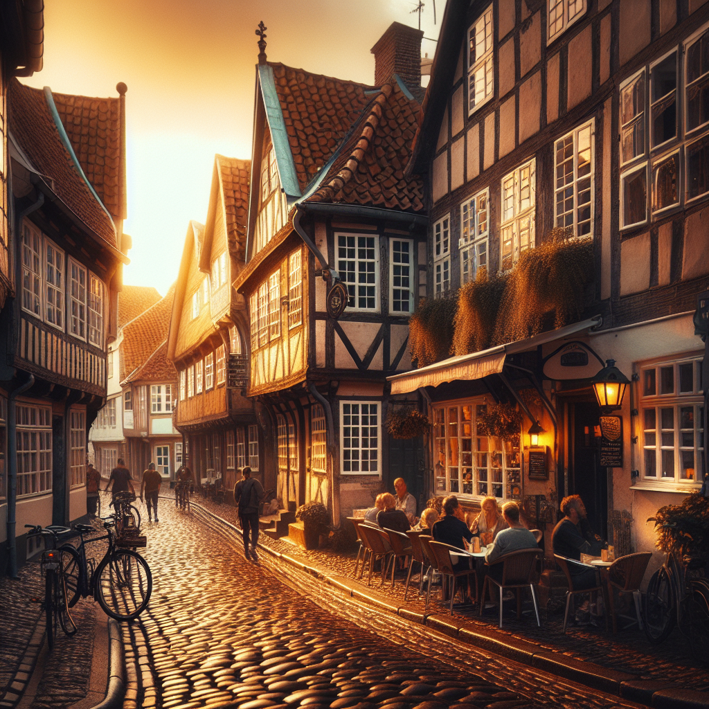 A charming cobbled street in Ribe at golden hour: medieval houses, a small café with outdoor seating, cyclists passing by and soft coastal light, atmospheric and warm
