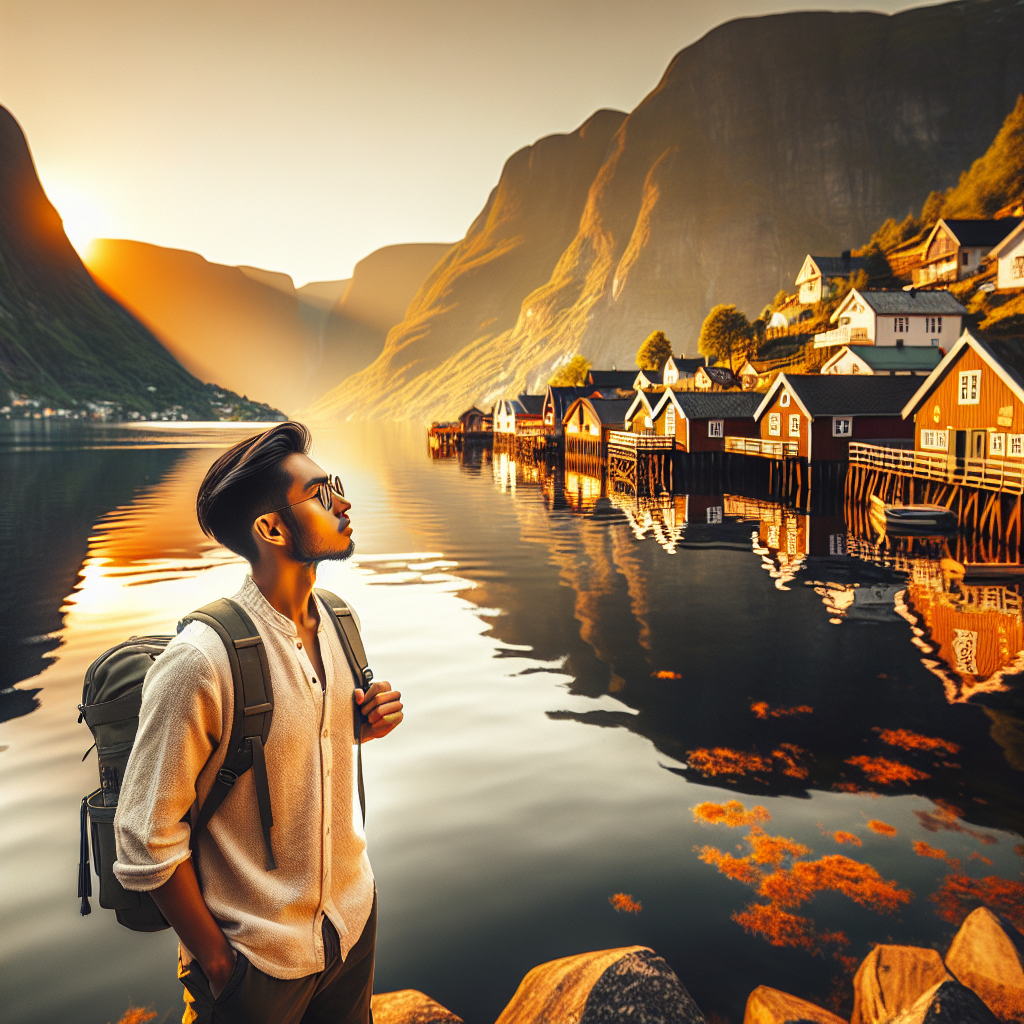 Eidfjord village on a calm fjord at golden hour, wooden houses and mountains, an expat with backpack looking toward water — warm, inviting, scenic