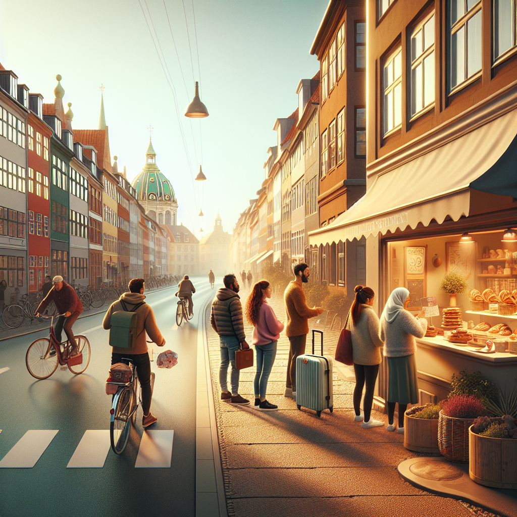 Real-Life Tips for New Expats in Denmark: Practical Survival Guide A welcoming Copenhagen street scene in soft morning light: bicycle lanes, a small bakery with people queuing, and a new expat with a suitcase consulting a map, realistic, warm colors