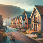 A welcoming Scandinavian neighborhood in late summer: colourful timber houses, a bike by the doorstep, a small coffee shop, and distant fjord hills under soft light — modern, warm, and inviting.