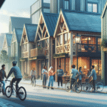 A modern Scandinavian city street blending historic timber buildings and contemporary architecture, bicyclists and diverse expatriates chatting outside a small cafe, soft northern light