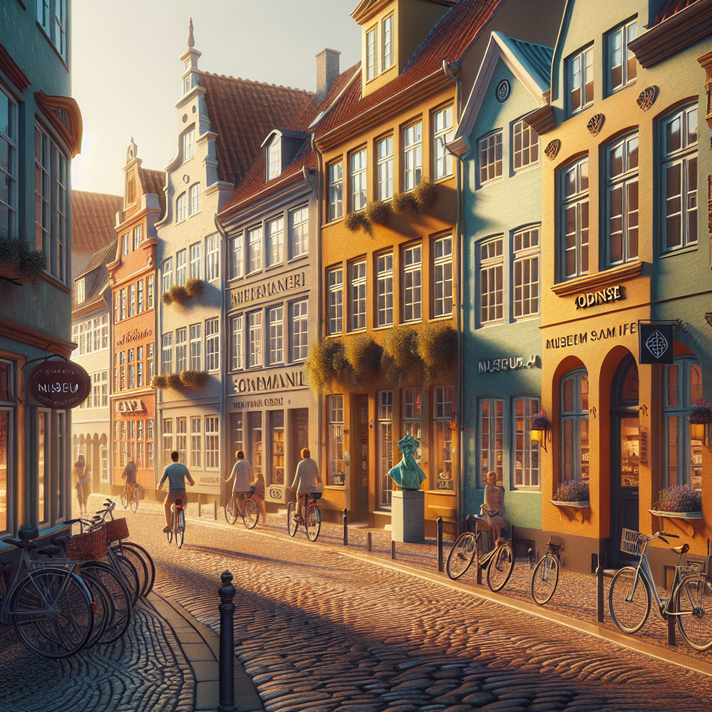 A warm, inviting street scene in Odense: cyclists, cobbled path, colourful townhouses, a small HC Andersen statue outside a museum café, golden late-summer light, photorealistic