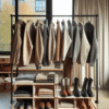 A tidy Scandinavian capsule wardrobe displayed on a neutral wooden rack: waterproof coat, wool sweaters, leather boots, minimal accessories, soft natural light, muted palette, urban Nordic apartment background