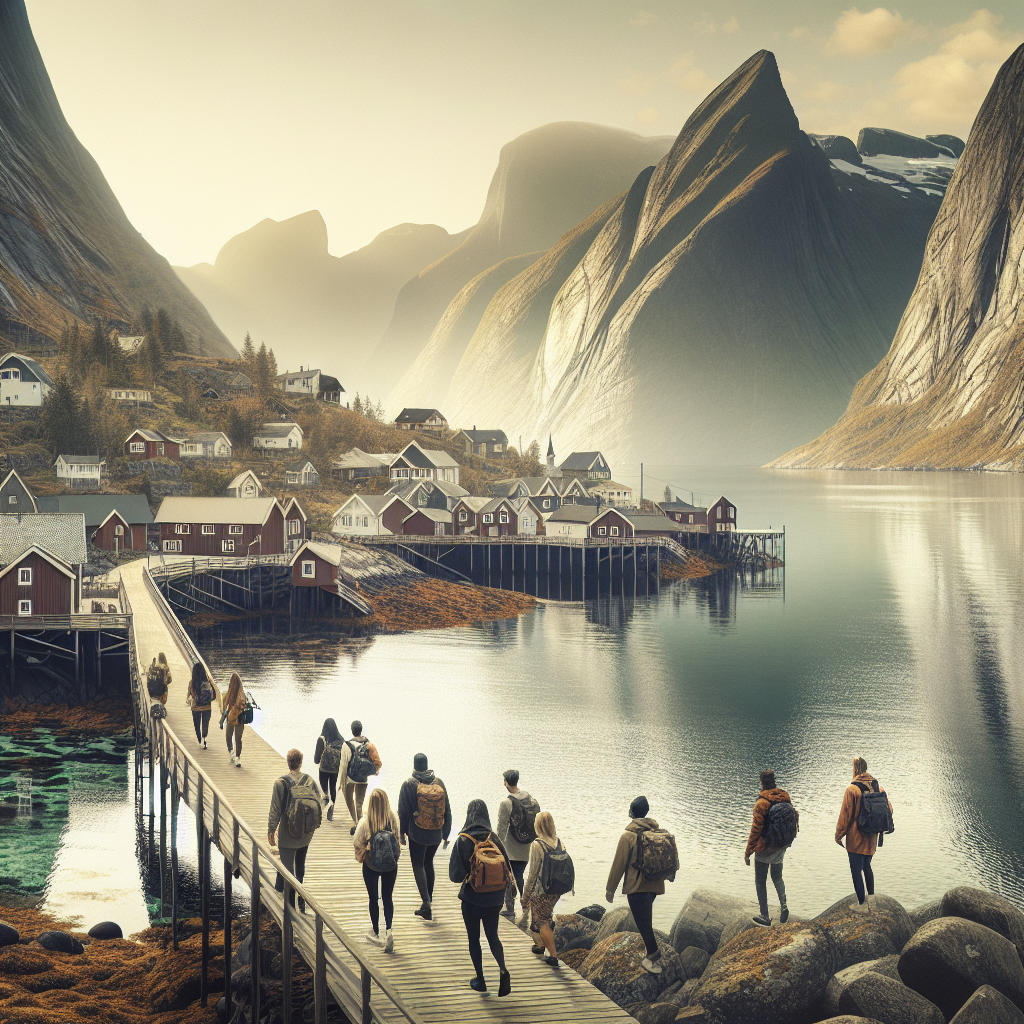 A panoramic fjord scene with expat travellers: layered clothing, small backpacks, clear water, wooden pier, coastal village in soft light, modern Scandinavian colour palette